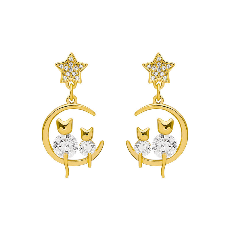 Dames Oorbellen – 925 Zilver – Kat, Ster & Maan Design met Zirkoon